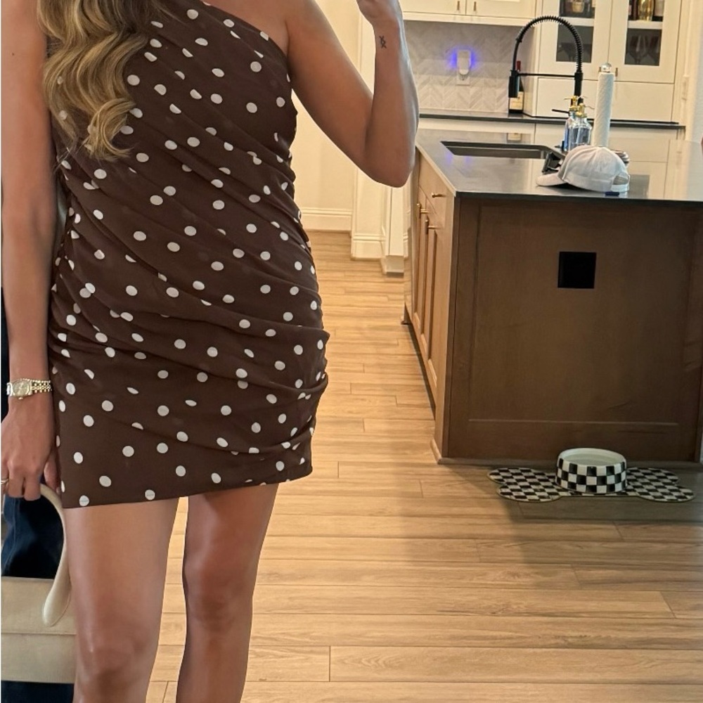 Abercrombie & Fitch Brown One-Shoulder Polka Dot Dress